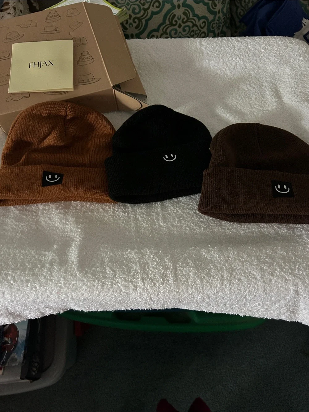 Kids Smiley Cuff Beanie Trio — Tan, Black & Brown
